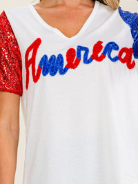 WOMEN'S SHORT SLEEVE V-NECK AMERICAN SEQUINS TOP