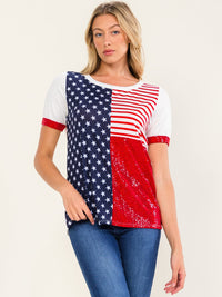 WOMEN'S SHORT SLEEVE AMERICAN FLAG SEQUINS TOP