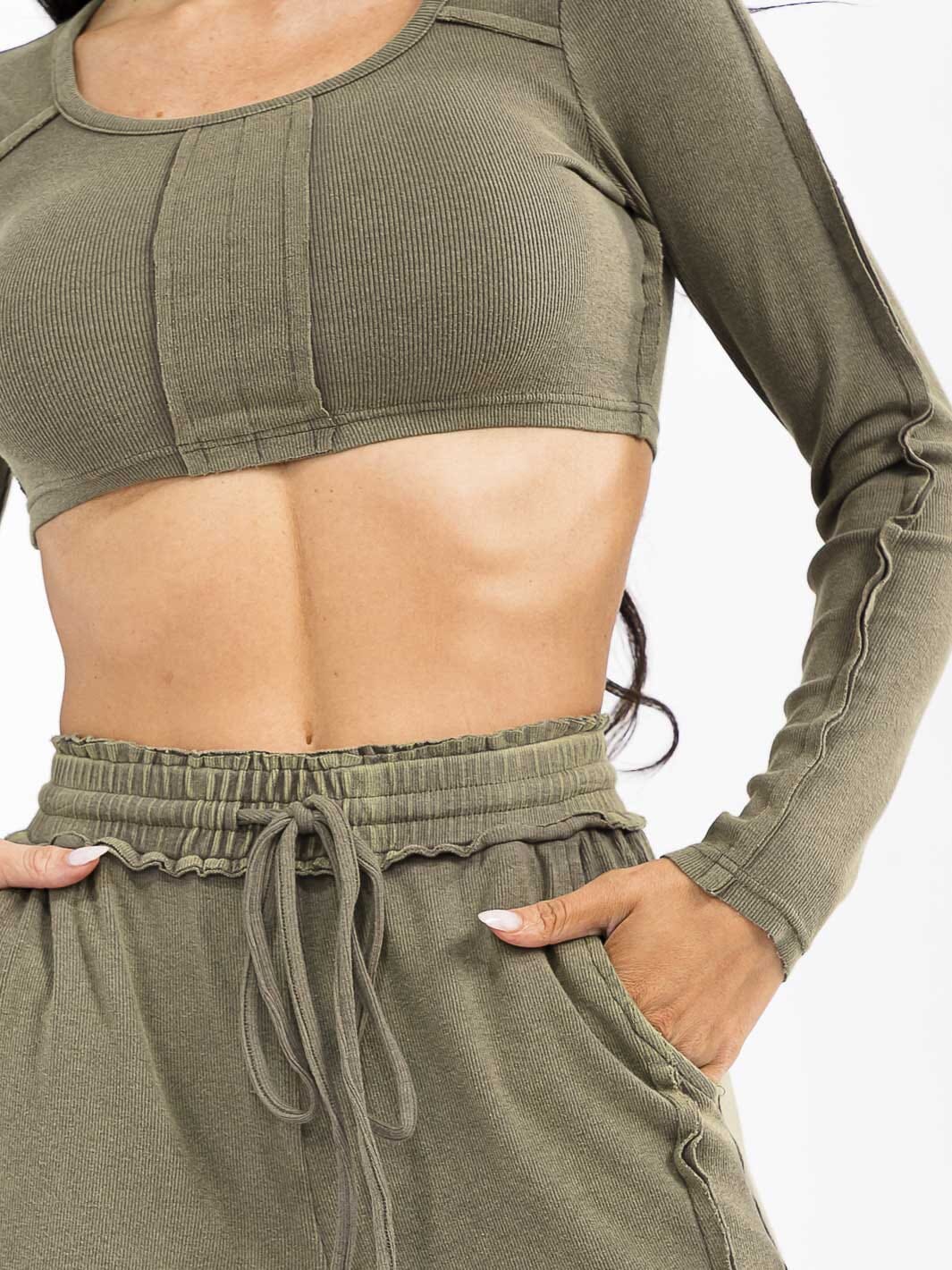 WOMEN'S LONG SLEEVE CROP TOP & ELASTIC WAIST PANTS WASHED 2PC. SET