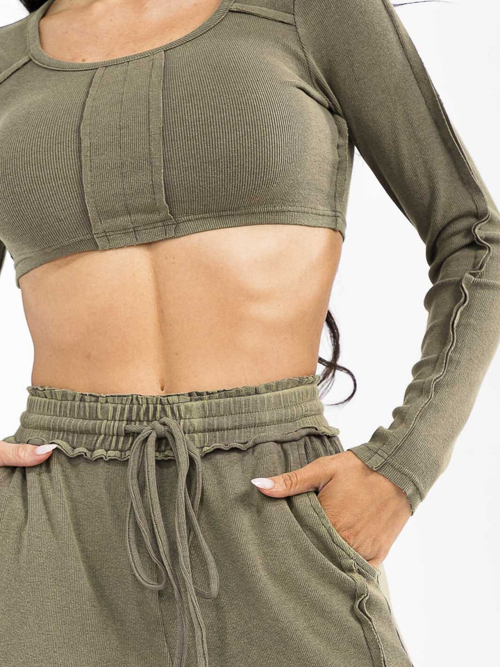 WOMEN'S LONG SLEEVE CROP TOP & ELASTIC WAIST PANTS WASHED 2PC. SET