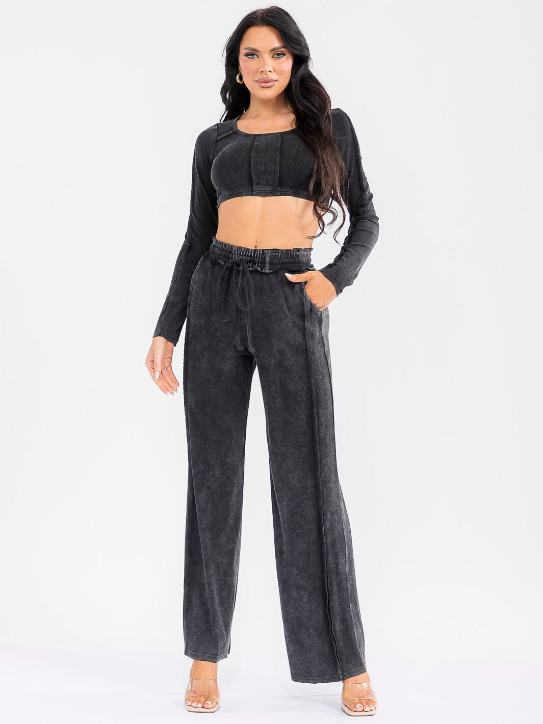 WOMEN'S LONG SLEEVE CROP TOP & ELASTIC WAIST PANTS WASHED 2PC. SET