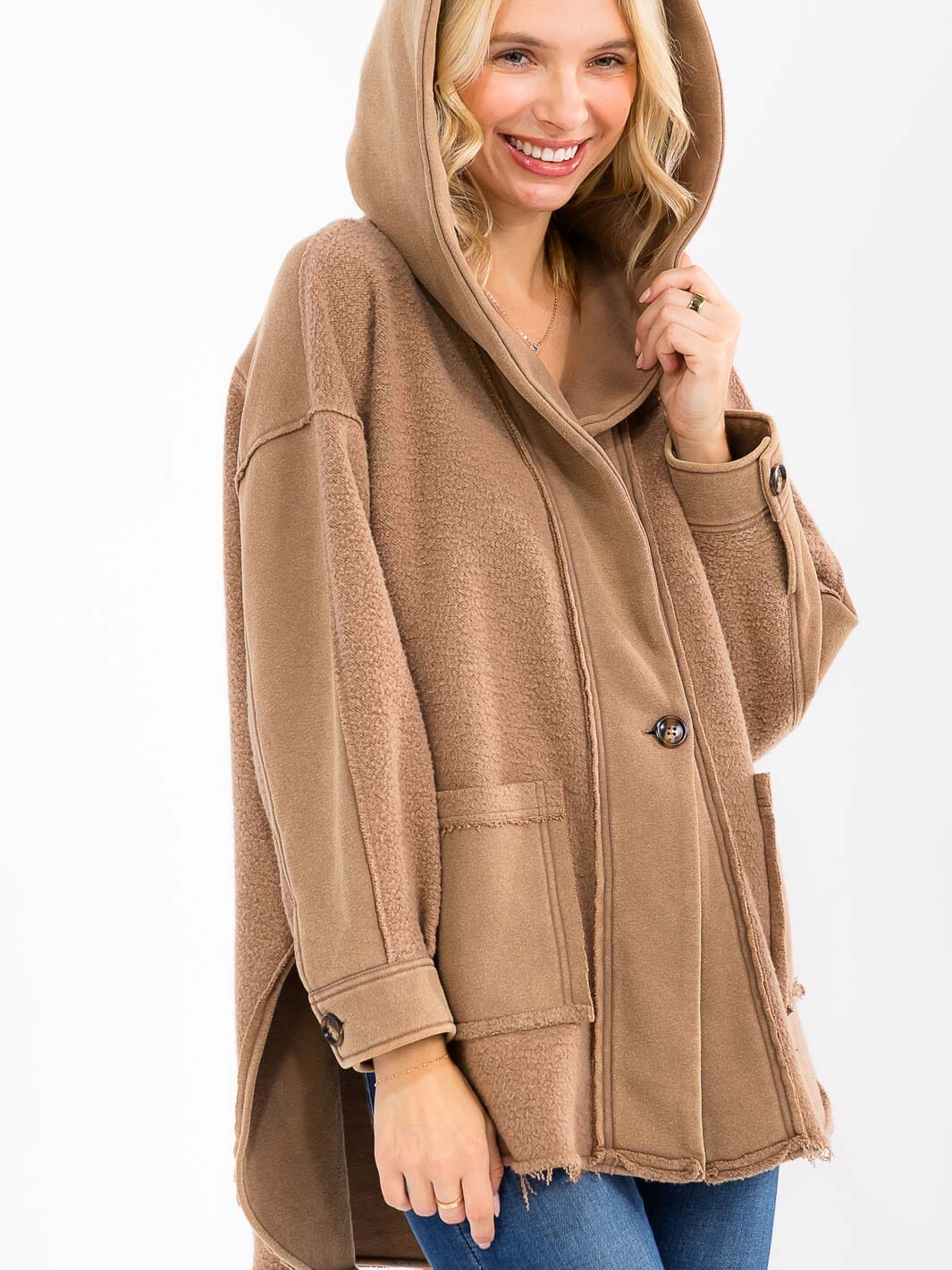WOMEN'S LONG SLEEVE BUTTON CLOSURE POCKETS HOODED CARDIGAN