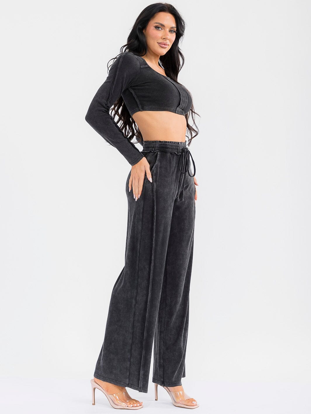 WOMEN'S LONG SLEEVE CROP TOP & ELASTIC WAIST PANTS WASHED 2PC. SET