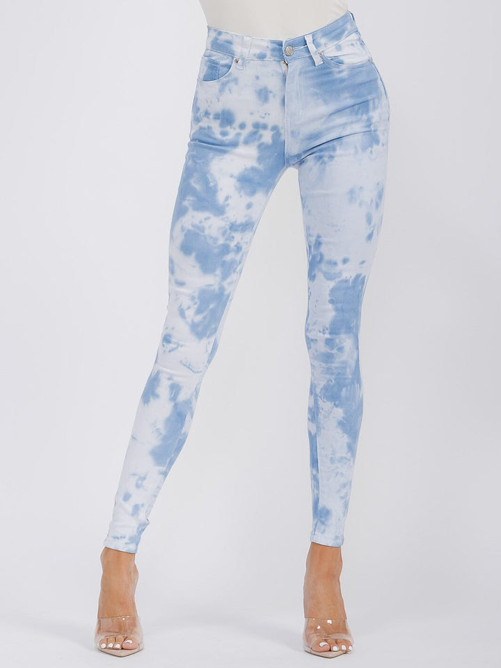 WOMEN'S BUTTON CLOSURE POCKETS SKINNY LEG DENIM TIE DYE PANTS