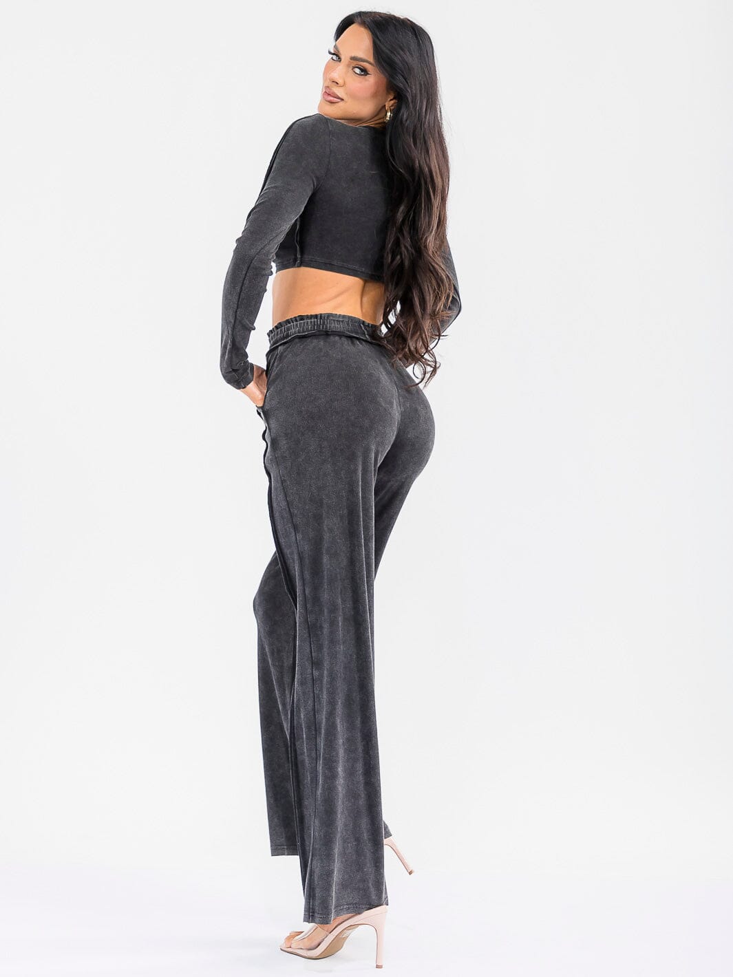 WOMEN'S LONG SLEEVE CROP TOP & ELASTIC WAIST PANTS WASHED 2PC. SET
