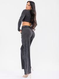 WOMEN'S LONG SLEEVE CROP TOP & ELASTIC WAIST PANTS WASHED 2PC. SET