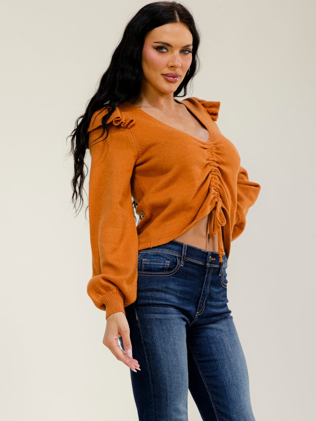 WOMEN'S LONG SLEEVE V-NECK FRONT RUCHED TOP