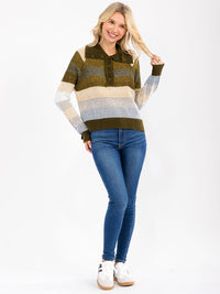 WOMEN'S LONG SLEEVE BUTTON UP COLORBLOCK KNIT TOP