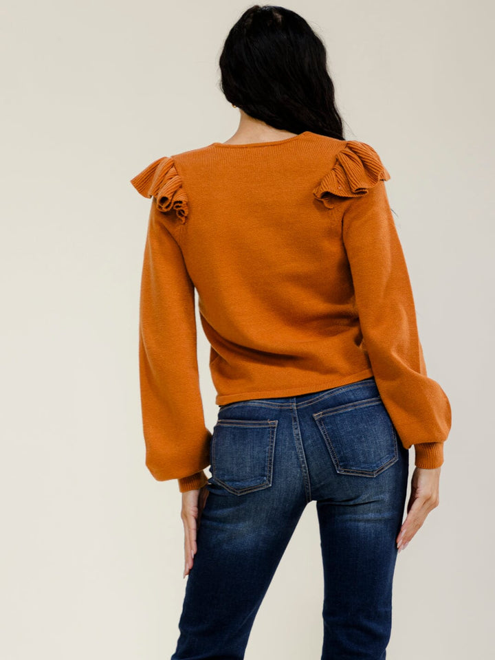 WOMEN'S LONG SLEEVE V-NECK FRONT RUCHED TOP
