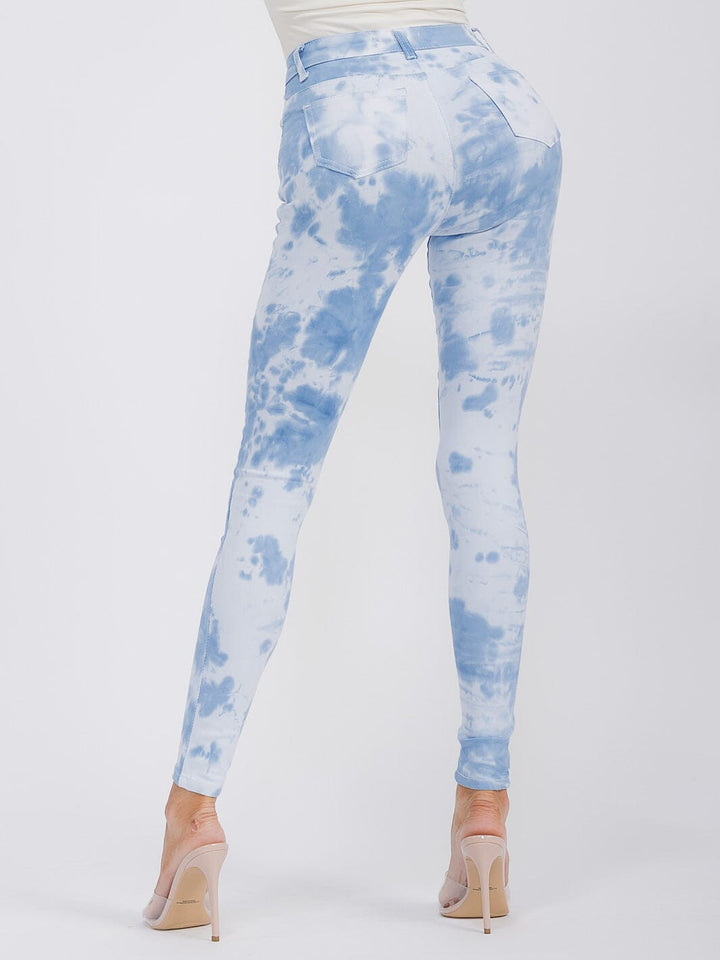 WOMEN'S BUTTON CLOSURE POCKETS SKINNY LEG DENIM TIE DYE PANTS