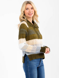 WOMEN'S LONG SLEEVE BUTTON UP COLORBLOCK KNIT TOP