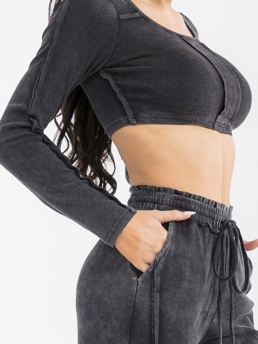 WOMEN'S LONG SLEEVE CROP TOP & ELASTIC WAIST PANTS WASHED 2PC. SET