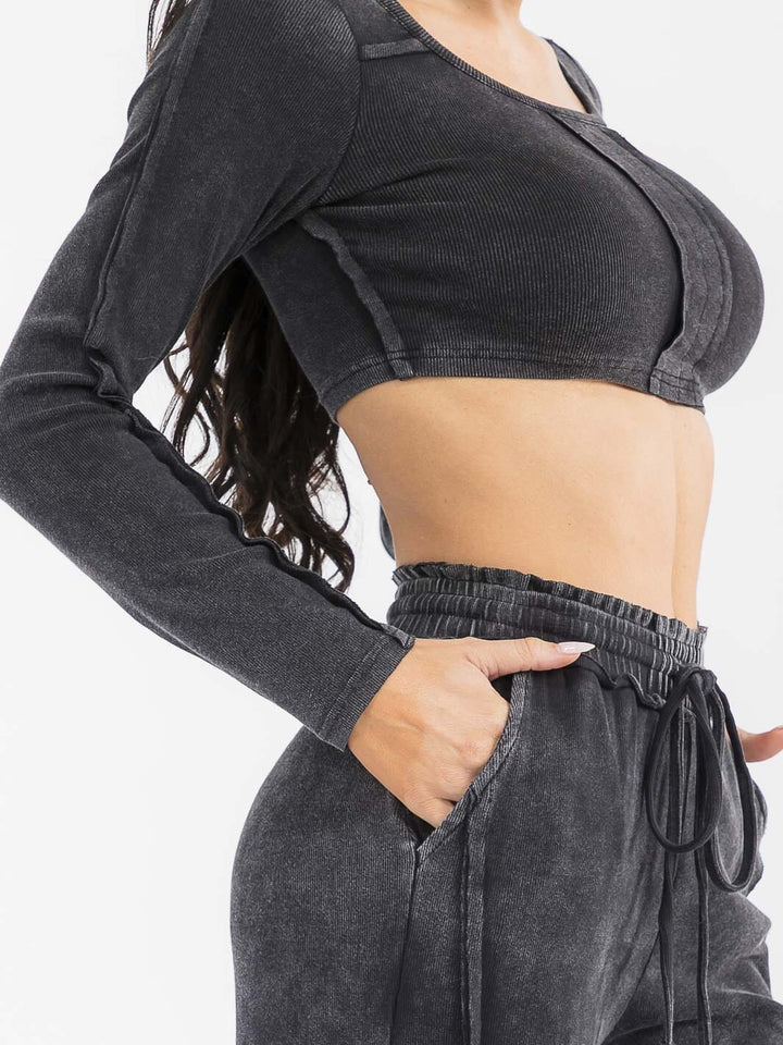 WOMEN'S LONG SLEEVE CROP TOP & ELASTIC WAIST PANTS WASHED 2PC. SET