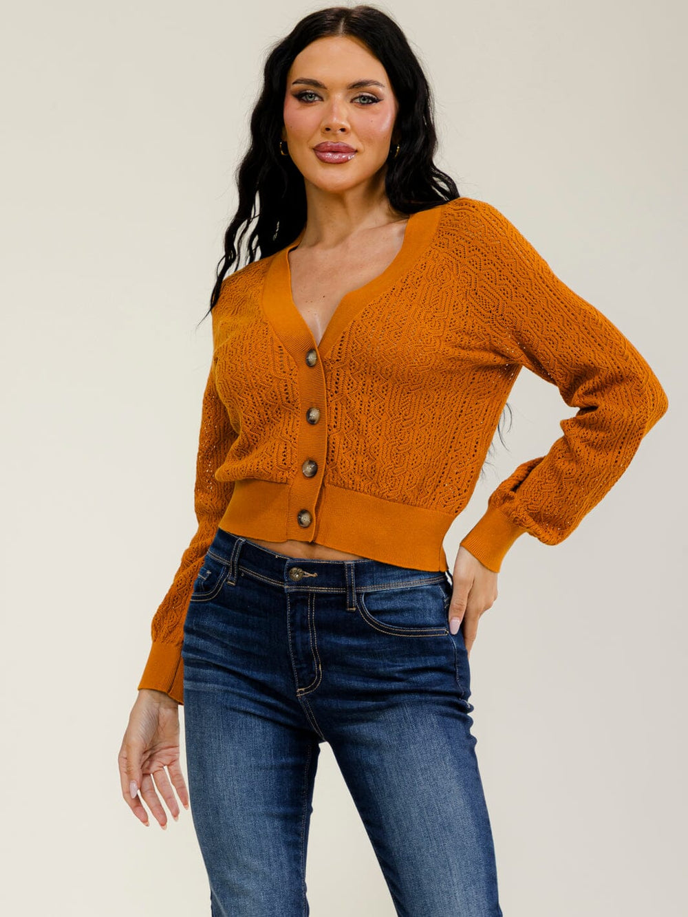 WOMEN'S LONG SLEEVE BUTTON UP CROCHET SWEATER