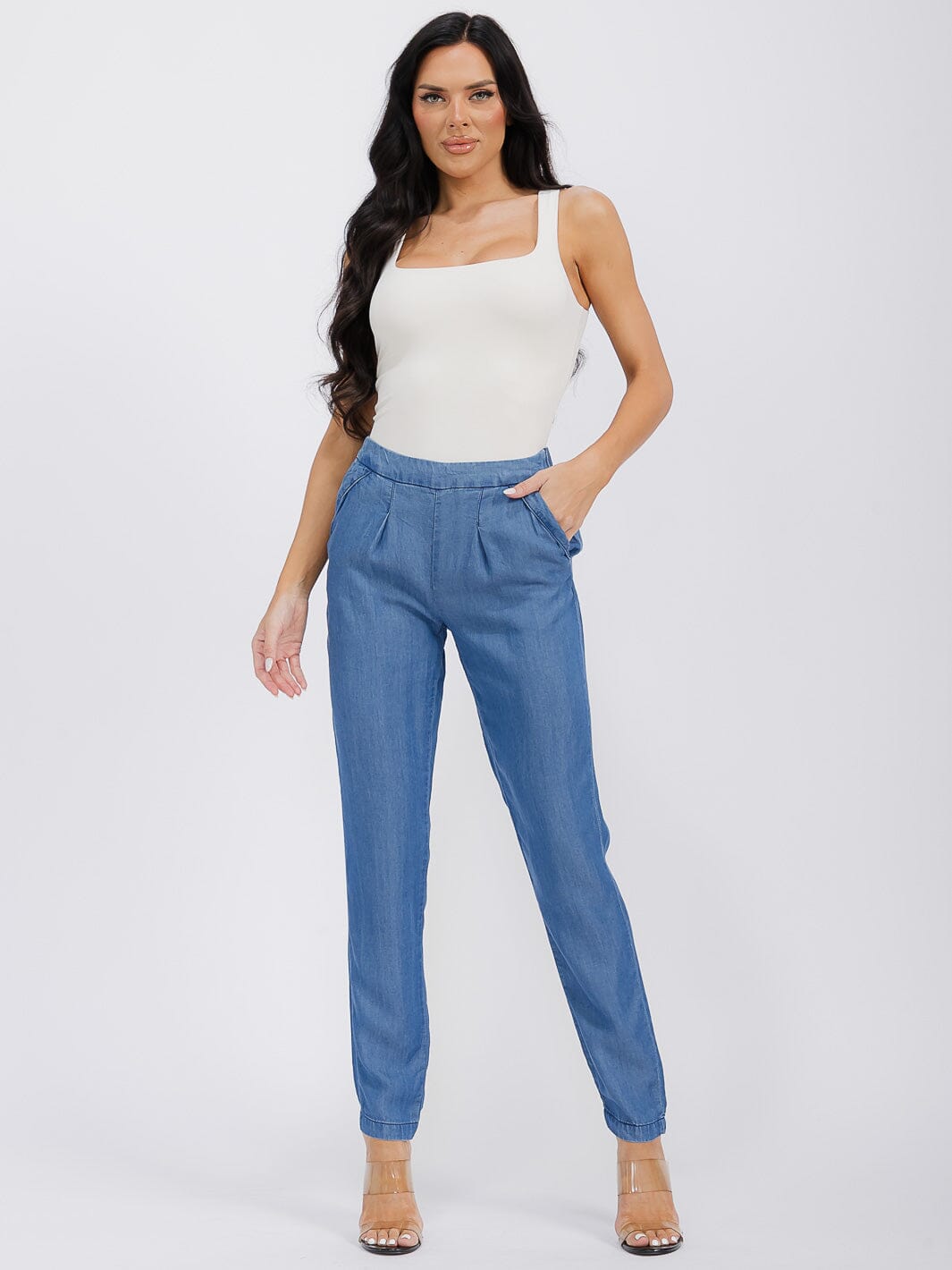 WOMEN'S ELASTIC WAIST POCKETS JOGGER CHAMBRAY PANTS