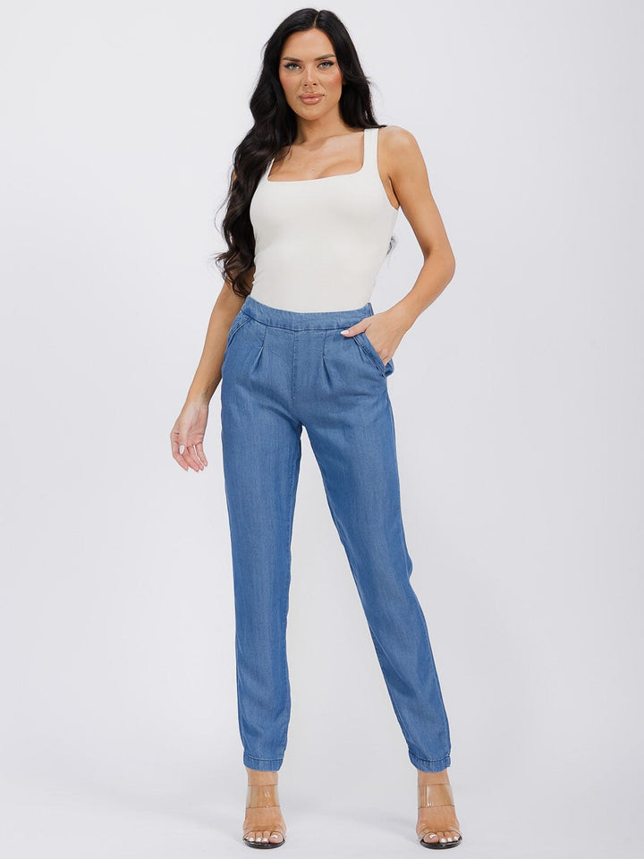 WOMEN'S ELASTIC WAIST POCKETS JOGGER CHAMBRAY PANTS