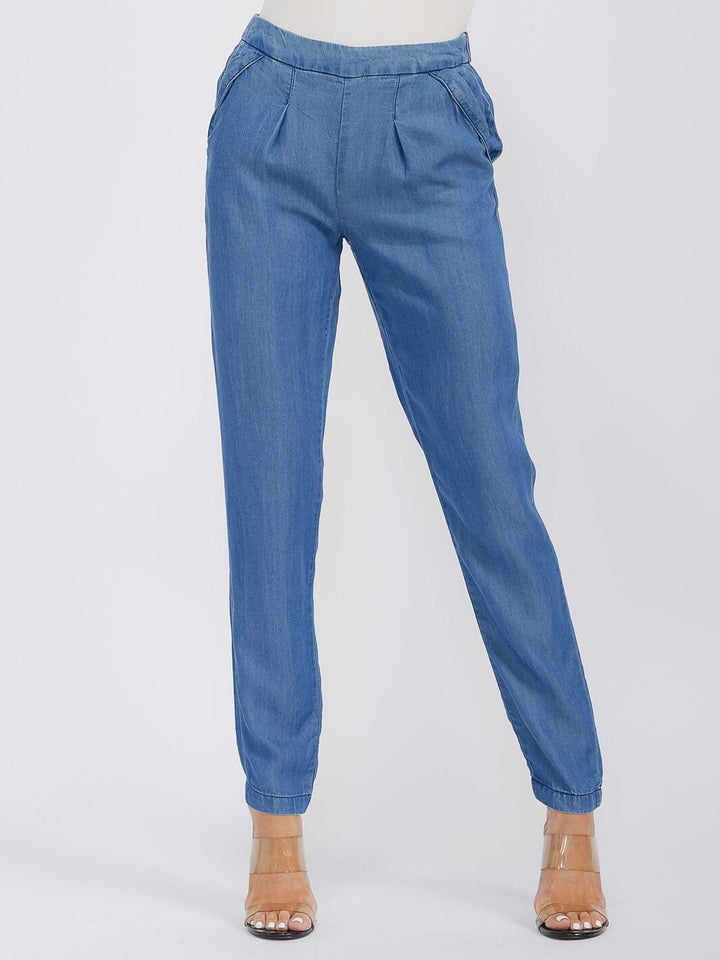 WOMEN'S ELASTIC WAIST POCKETS JOGGER CHAMBRAY PANTS