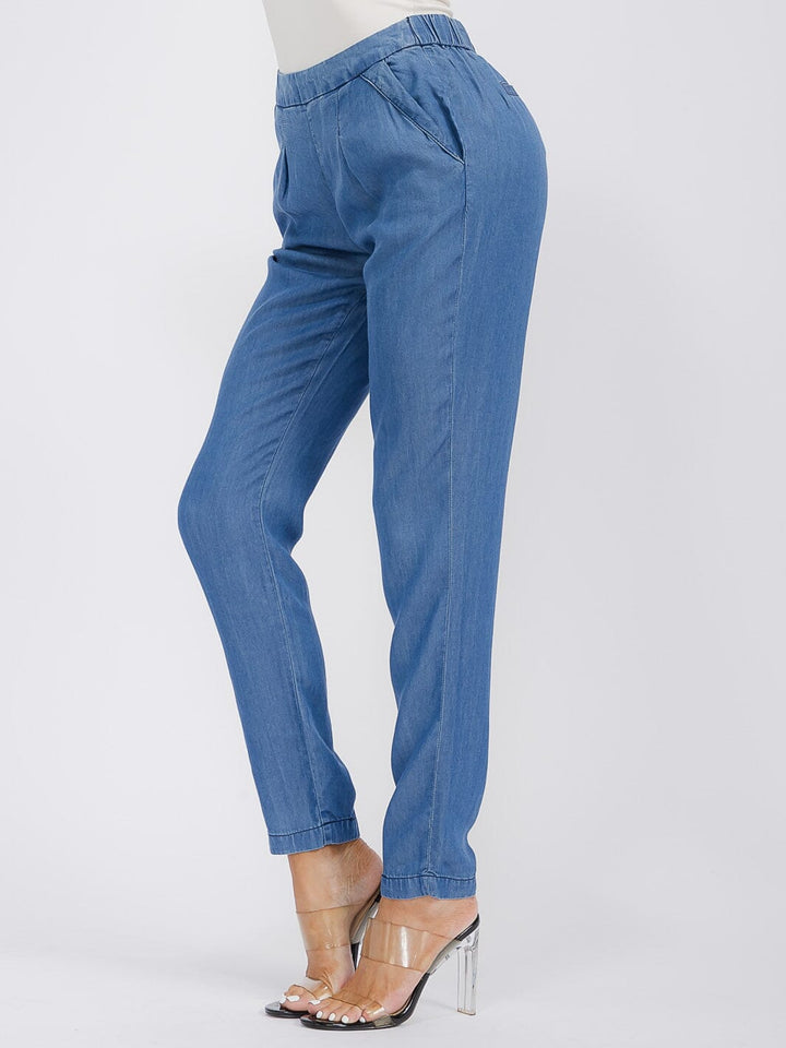 WOMEN'S ELASTIC WAIST POCKETS JOGGER CHAMBRAY PANTS