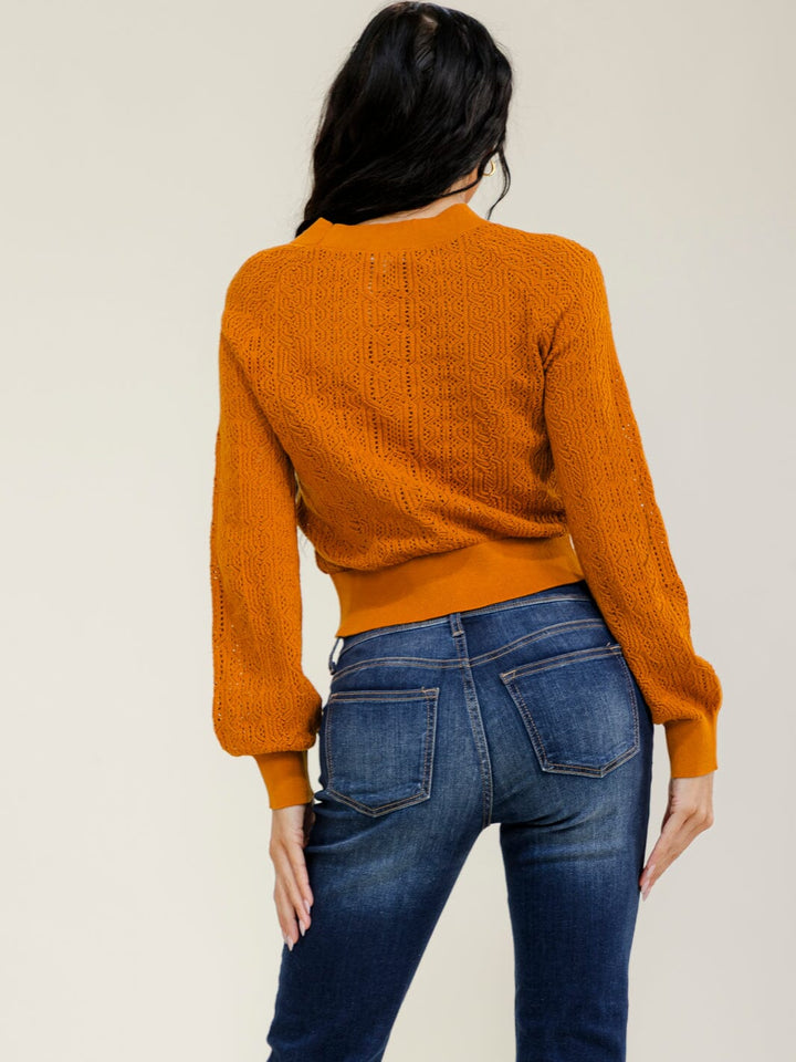 WOMEN'S LONG SLEEVE BUTTON UP CROCHET SWEATER