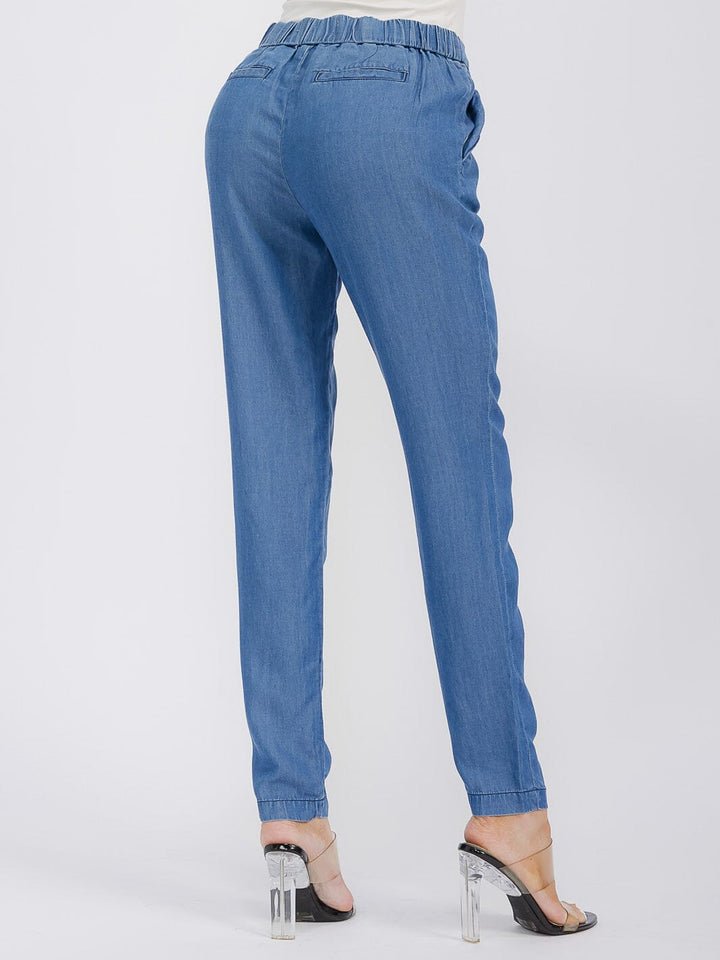 WOMEN'S ELASTIC WAIST POCKETS JOGGER CHAMBRAY PANTS