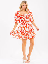 WOMEN'S SHORT PUFF SLEEVE SMOCK FLORAL MINI DRESS