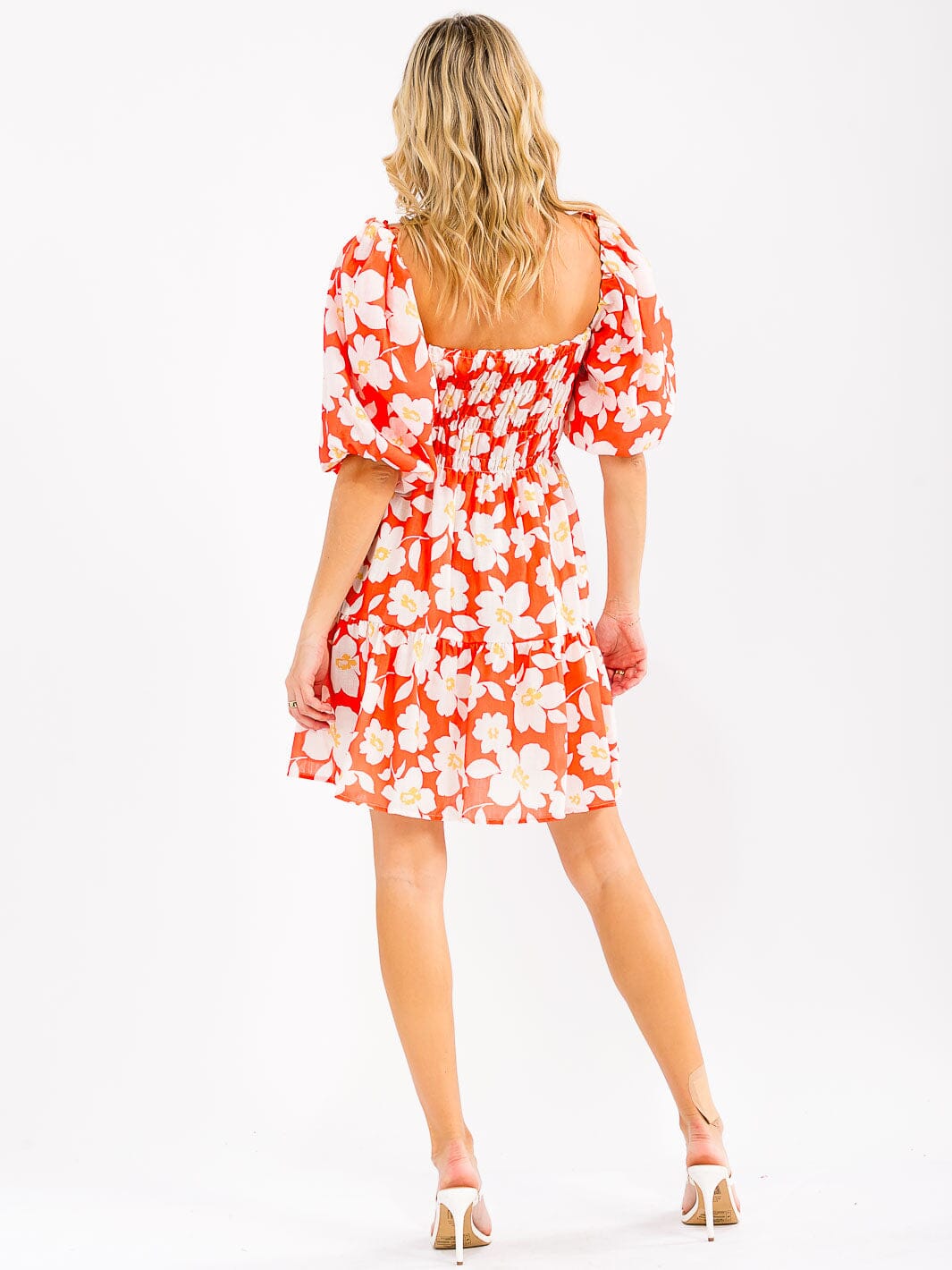 WOMEN'S SHORT PUFF SLEEVE SMOCK FLORAL MINI DRESS
