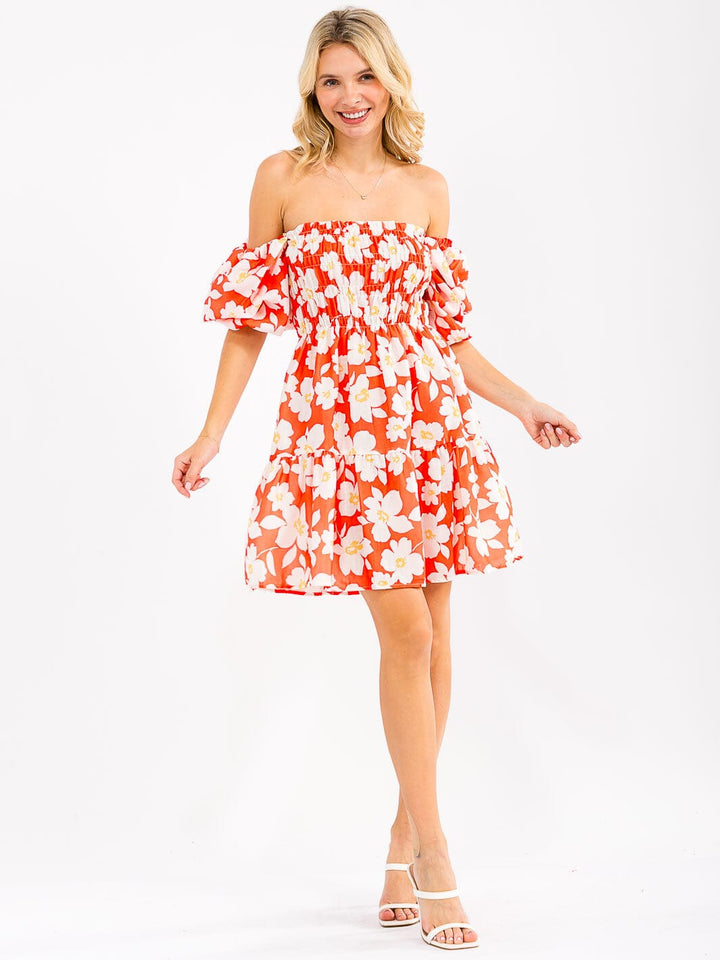 WOMEN'S SHORT PUFF SLEEVE SMOCK FLORAL MINI DRESS