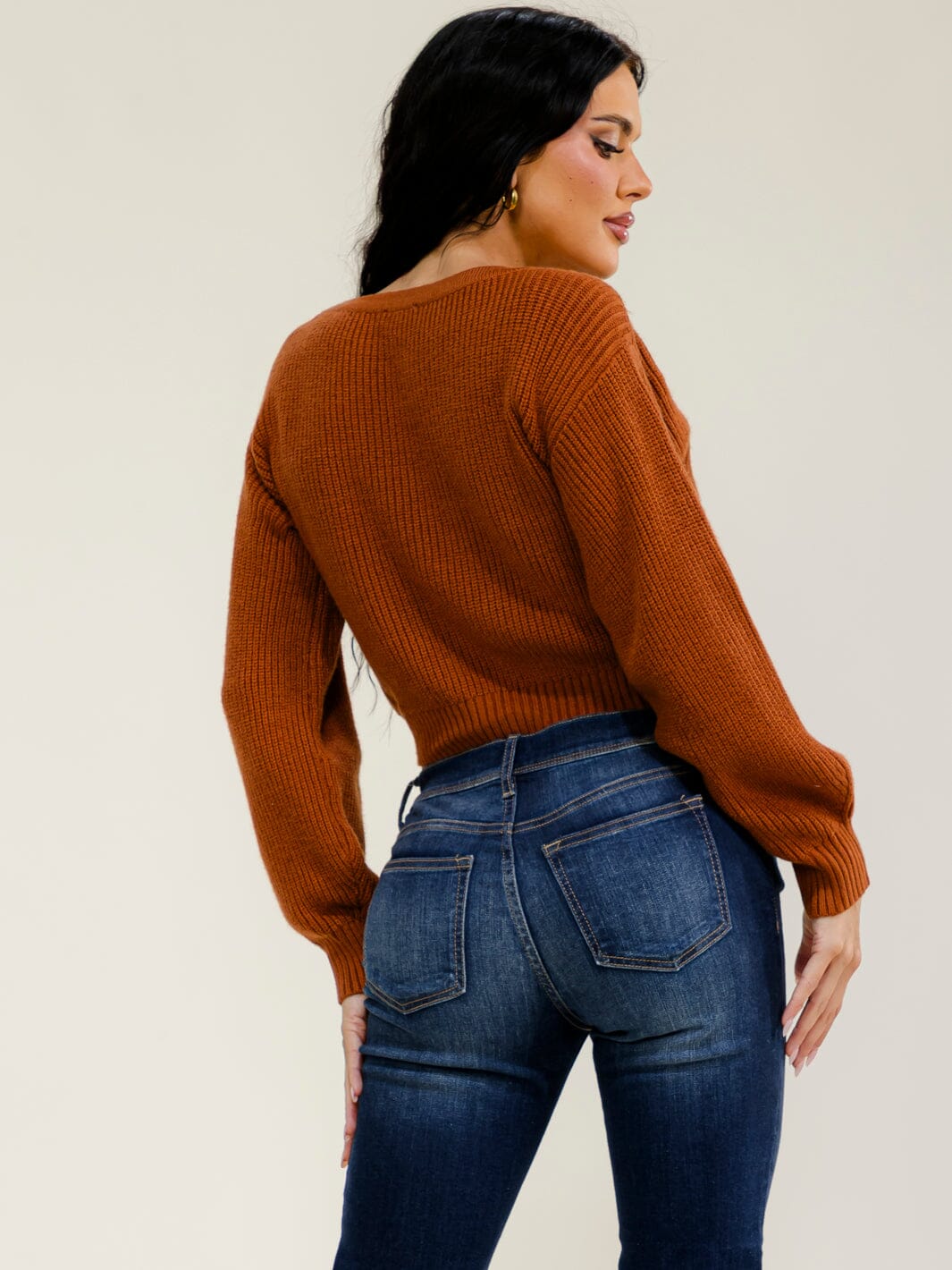 WOMEN'S LONG SLEEVE BUTTON UP RIBBED CROP SWEATER