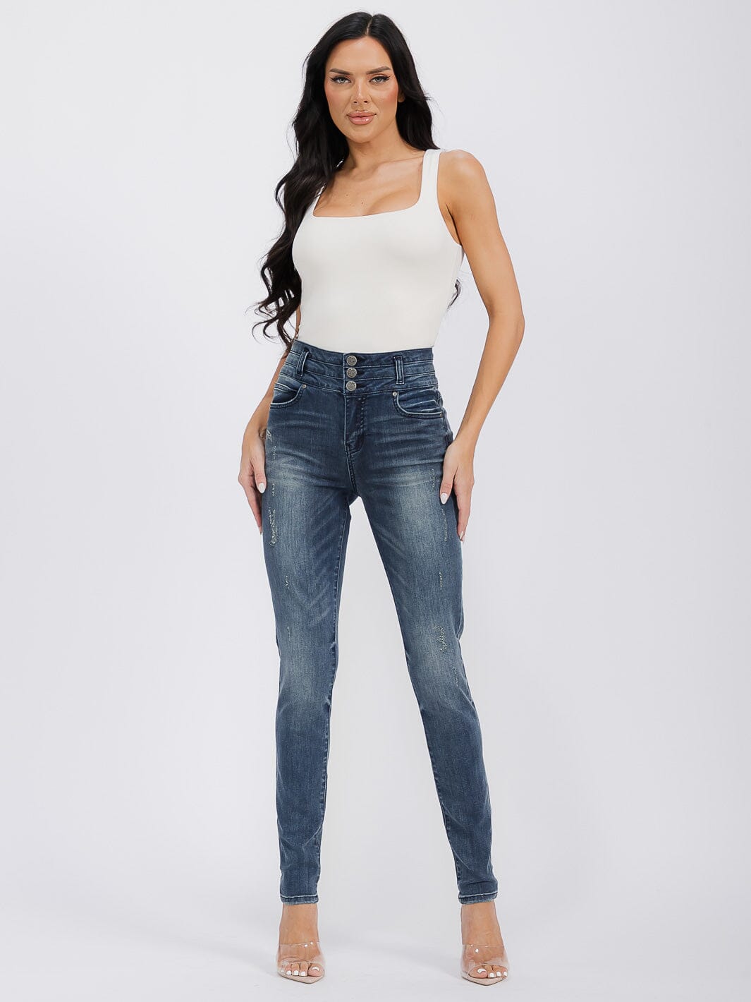 WOMEN'S BUTTON CLOSURE POCKETS SKINNY LEG DENIM PANTS