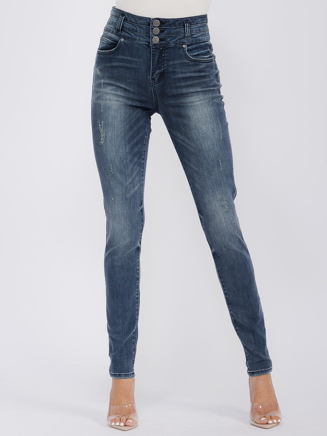 WOMEN'S BUTTON CLOSURE POCKETS SKINNY LEG DENIM PANTS