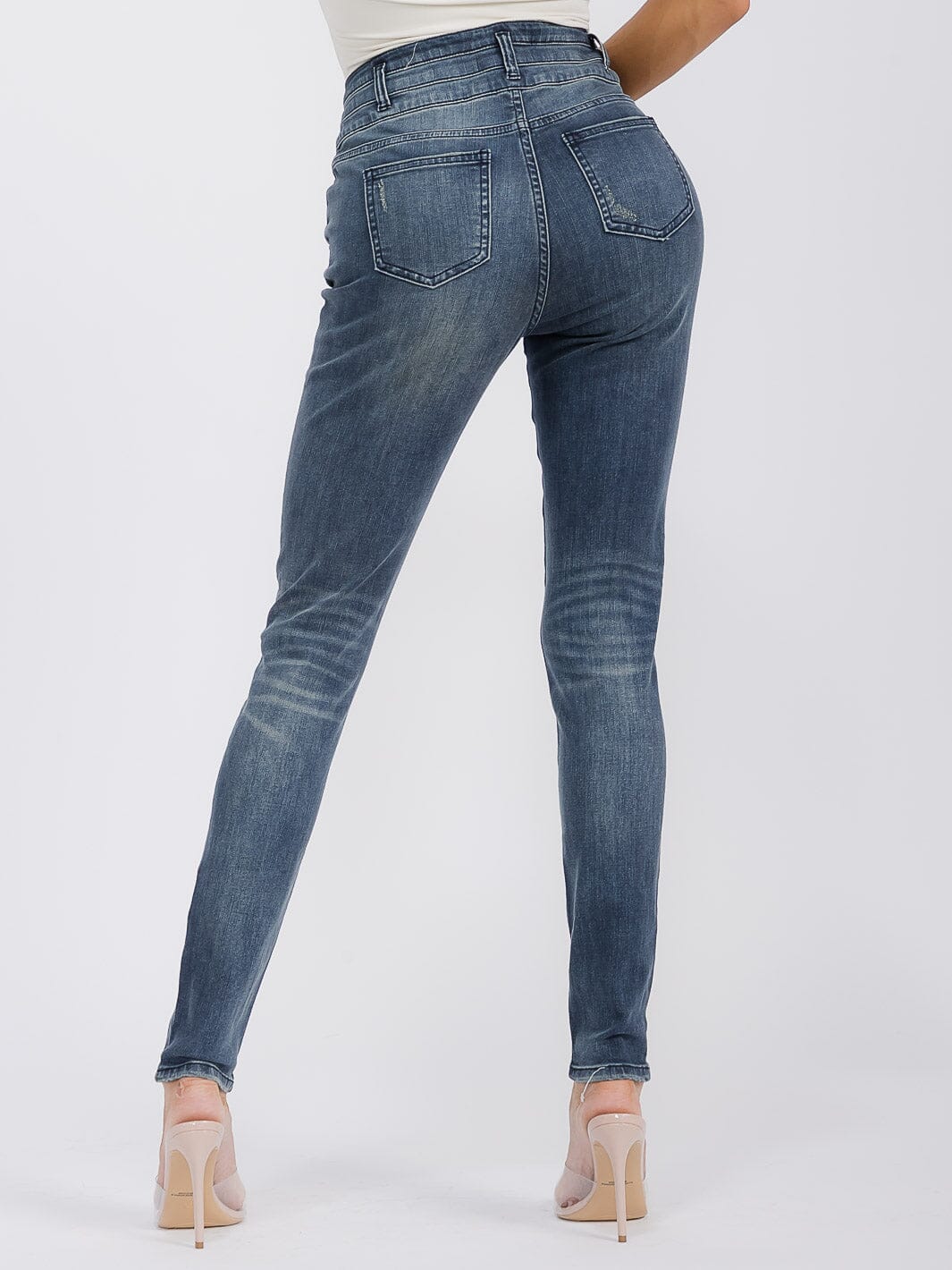 WOMEN'S BUTTON CLOSURE POCKETS SKINNY LEG DENIM PANTS