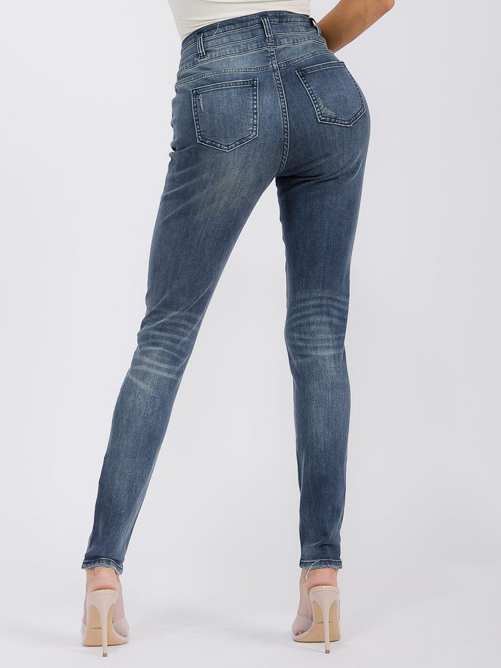 WOMEN'S BUTTON CLOSURE POCKETS SKINNY LEG DENIM PANTS