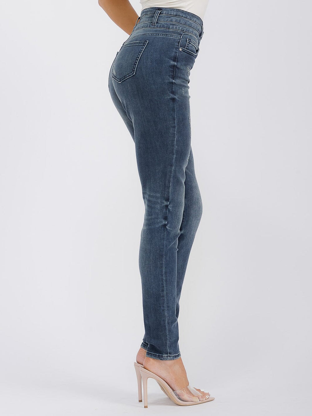 WOMEN'S BUTTON CLOSURE POCKETS SKINNY LEG DENIM PANTS
