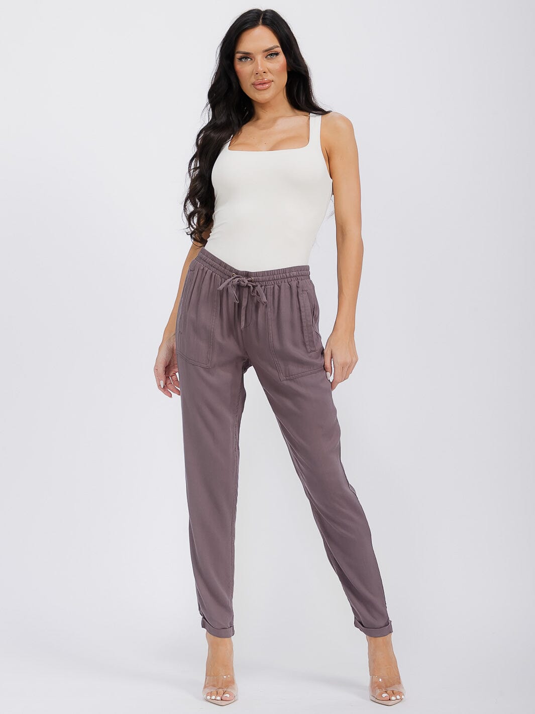 WOMEN'S ELASTIC WAIST POCKETS JOGGER PANTS