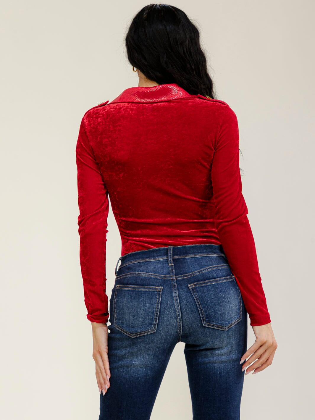 WOMEN'S LONG SLEEVE BUTTON UP VELVET MESH BODYSUIT