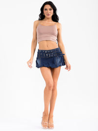 WOMEN'S ZIPPER CLOSURE BELTED WASHED DENIM MINI SKORT