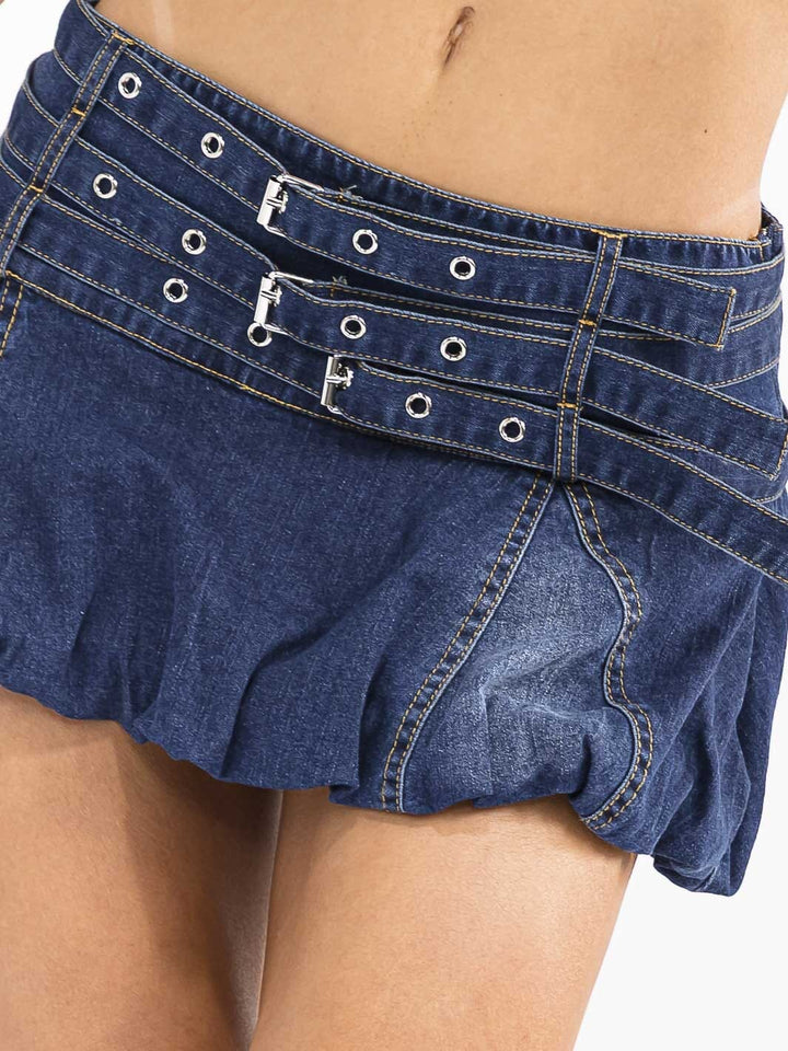 WOMEN'S ZIPPER CLOSURE BELTED WASHED DENIM MINI SKORT