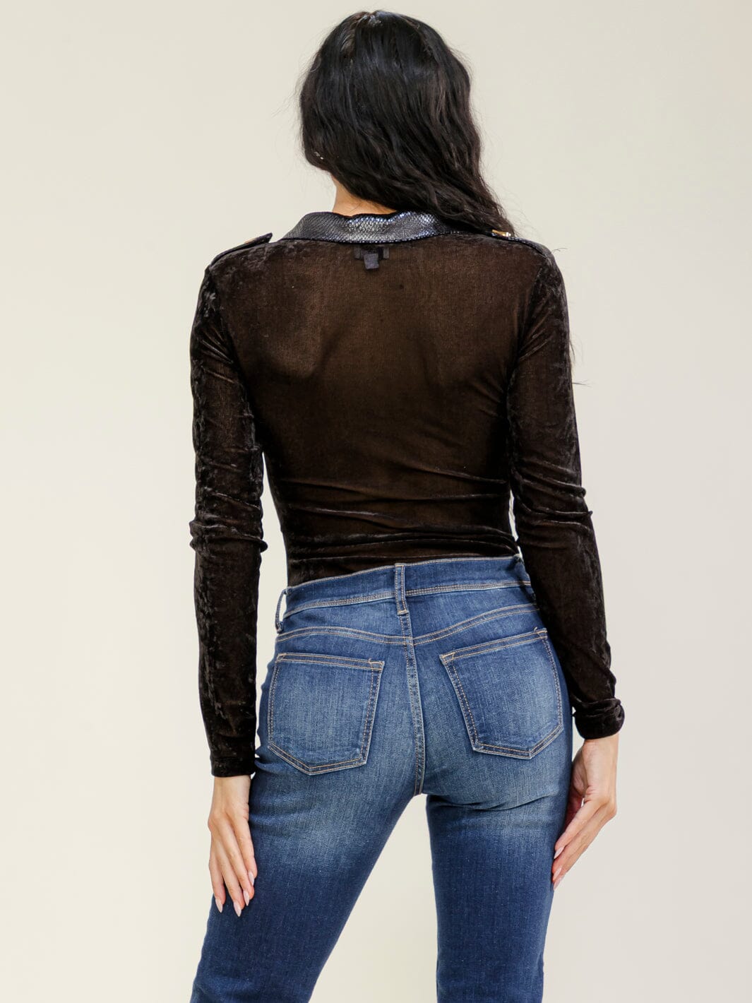 WOMEN'S LONG SLEEVE BUTTON UP VELVET MESH BODYSUIT