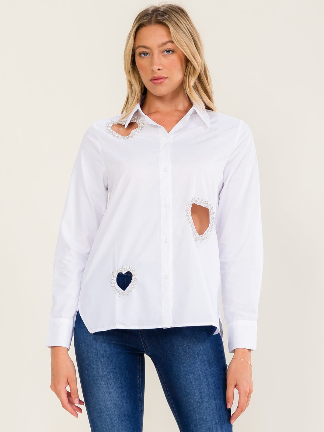 WOMEN'S LONG SLEEVE BUTTON UP STUDS HEARTS DETAILED BLOUSE