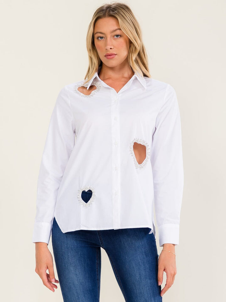 WOMEN'S LONG SLEEVE BUTTON UP STUDS HEARTS DETAILED BLOUSE