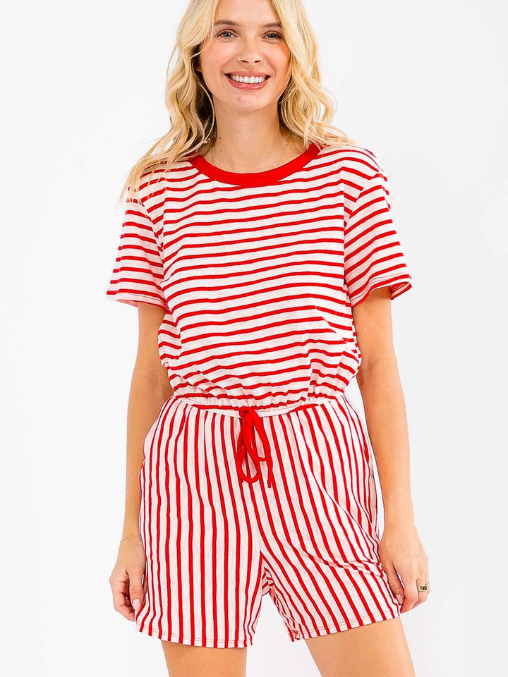 WOMEN'S SHORT SLEEVE ELASTIC WAIST FRONT POCKETS STRIPES ROMPER