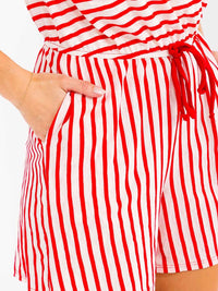 WOMEN'S SHORT SLEEVE ELASTIC WAIST FRONT POCKETS STRIPES ROMPER