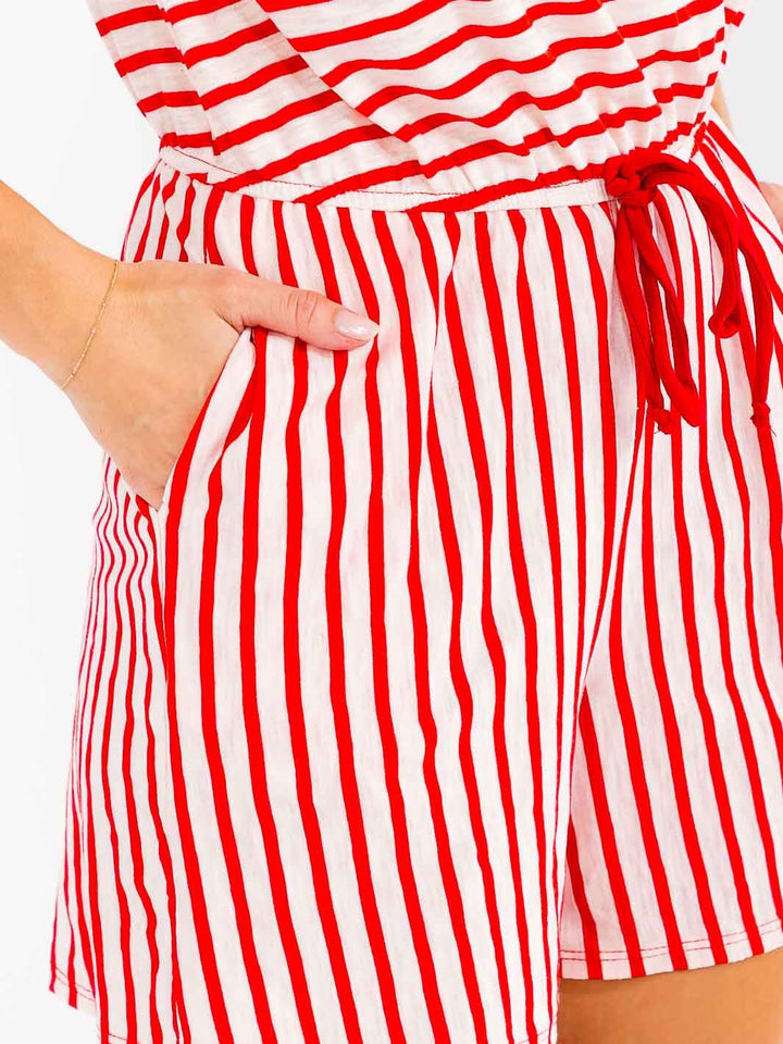 WOMEN'S SHORT SLEEVE ELASTIC WAIST FRONT POCKETS STRIPES ROMPER