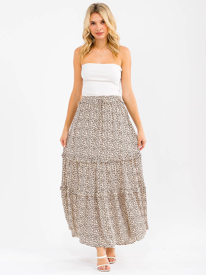WOMAN'S ELASTIC WAIST FRONT POCKETS ANIMAL PRINT TIERED MAXI SKIRT