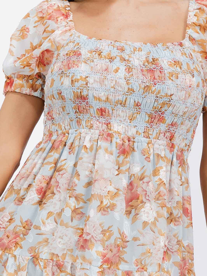 WOMEN'S SHORT SLEEVE SMOCK FLORAL MINI DRESS