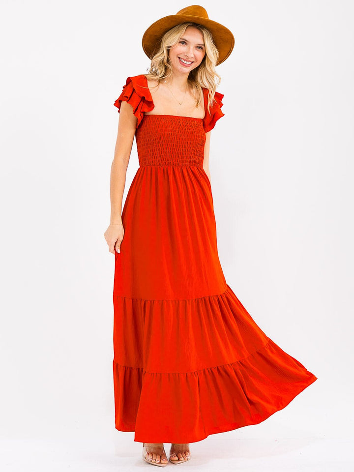 WOMEN'S OFF SHOULDER SMOCK TIERED MAXI DRESS