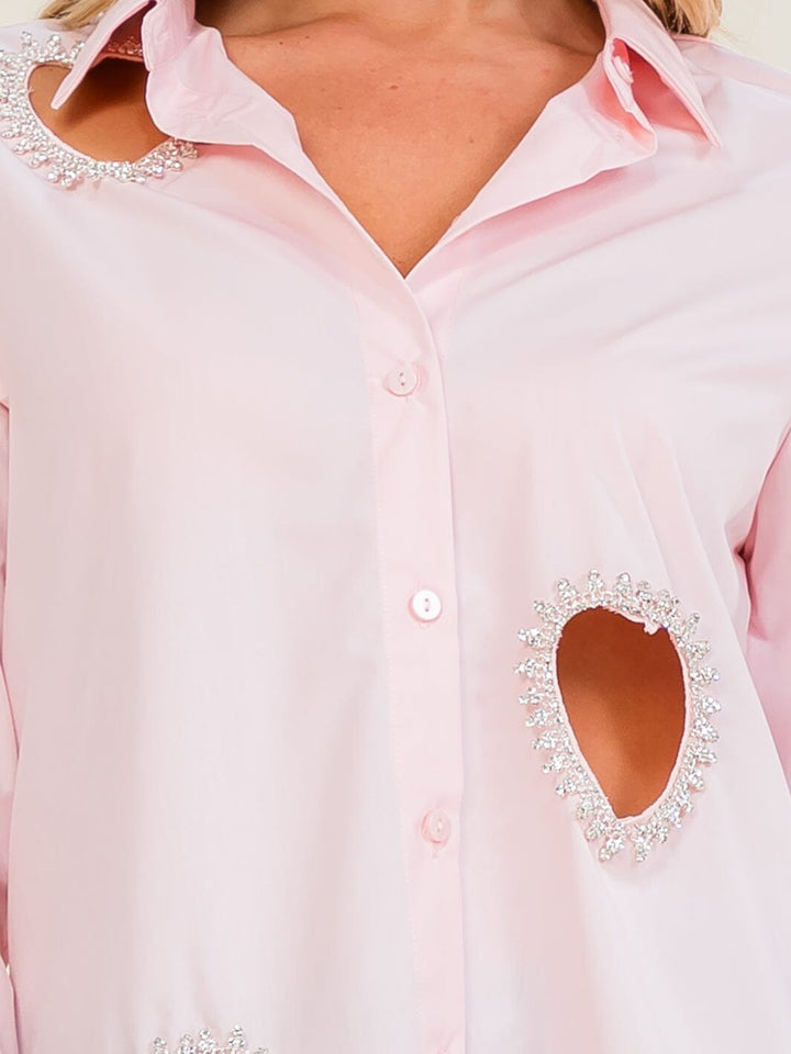 WOMEN'S LONG SLEEVE BUTTON UP STUDS HEARTS DETAILED BLOUSE