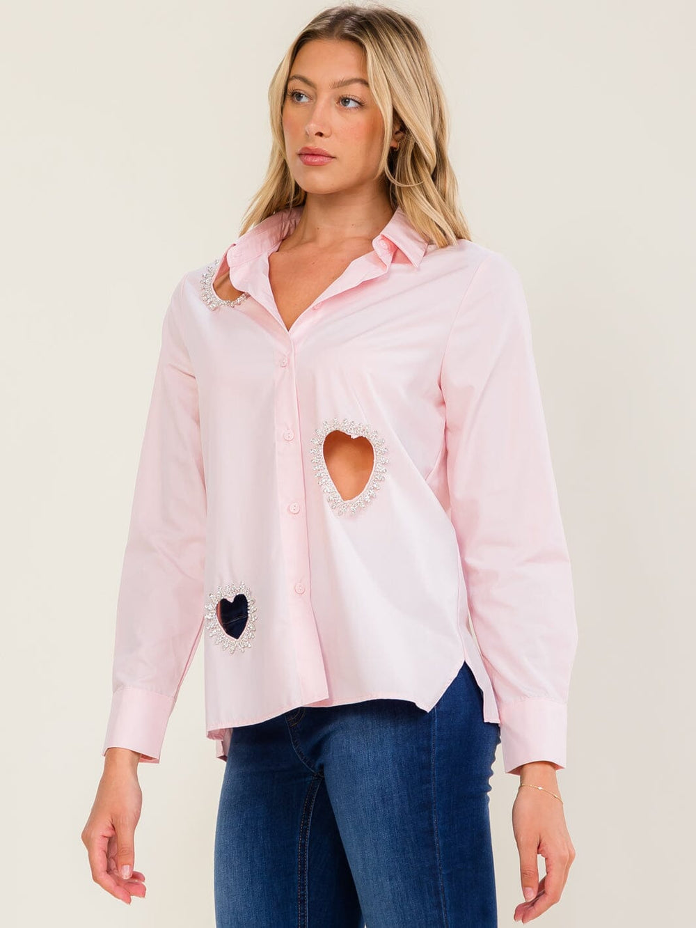 WOMEN'S LONG SLEEVE BUTTON UP STUDS HEARTS DETAILED BLOUSE