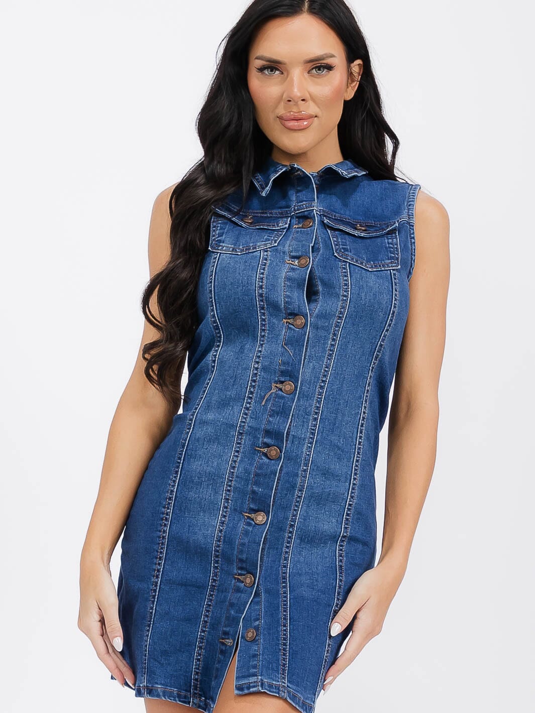 WOMEN'S SLEEVELESS BUTTON UP FRONT POCKETS WASHED DENIM MINI DRESS