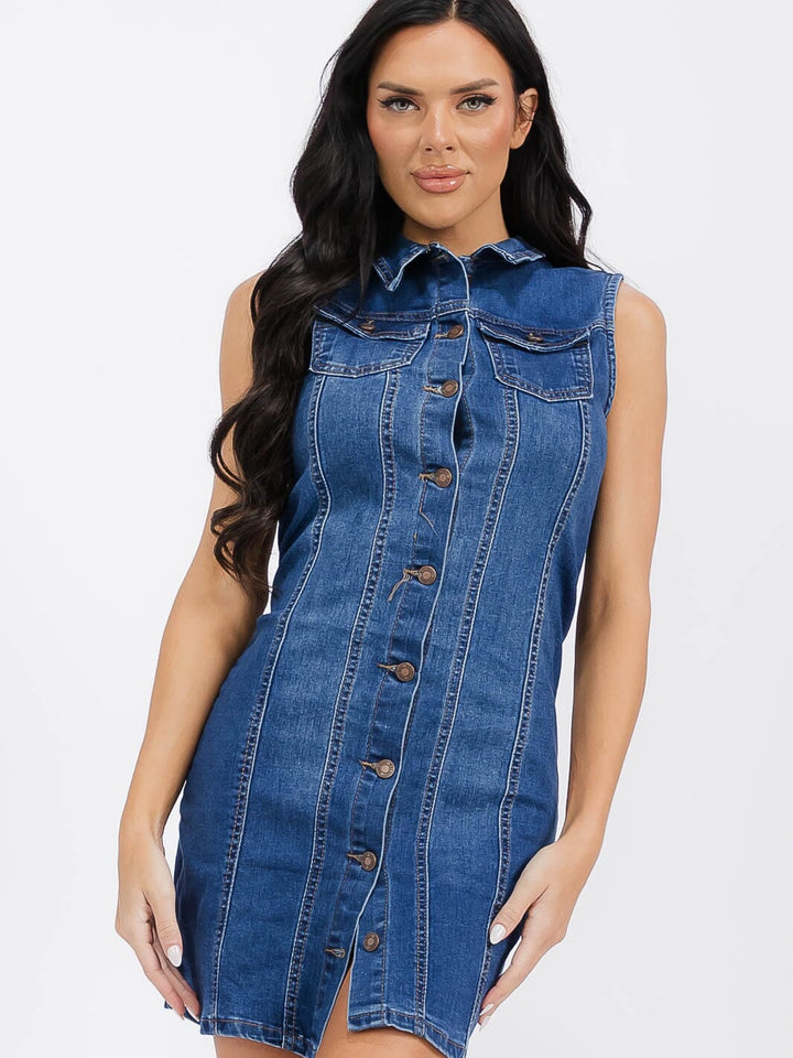 WOMEN'S SLEEVELESS BUTTON UP FRONT POCKETS WASHED DENIM MINI DRESS
